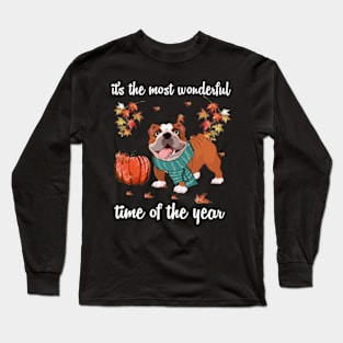 Bulldog Dog Autumn Fall Most Wonderful Time Maple Gift Long Sleeve T-Shirt